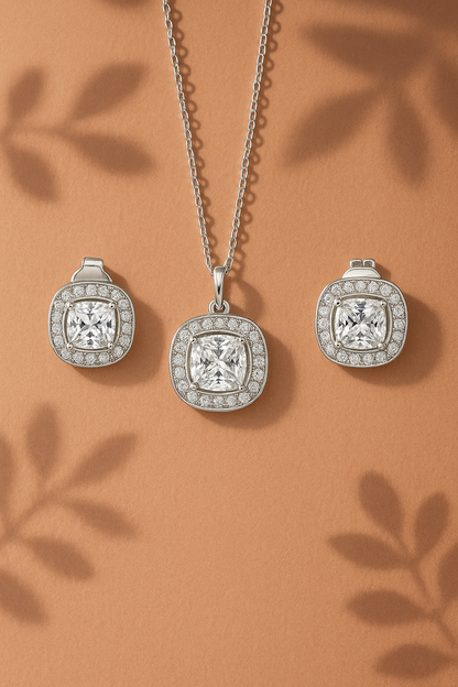 Cushion Diamond Silver Pendant Set