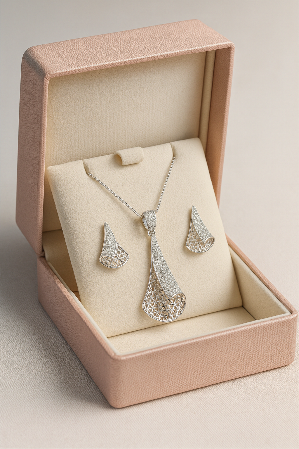 Modern Twisted Diamond Earrings And Pendant Set