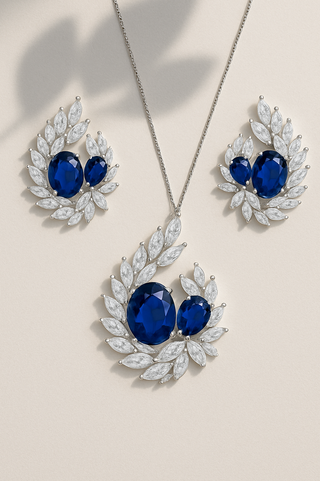 Stylish Sapphire And Crystal Silver Pendant Set