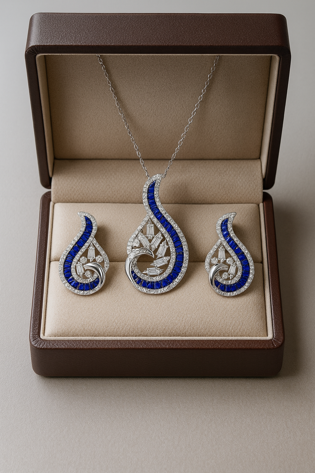 Precious Sapphire And Diamond Silver Pendant Set