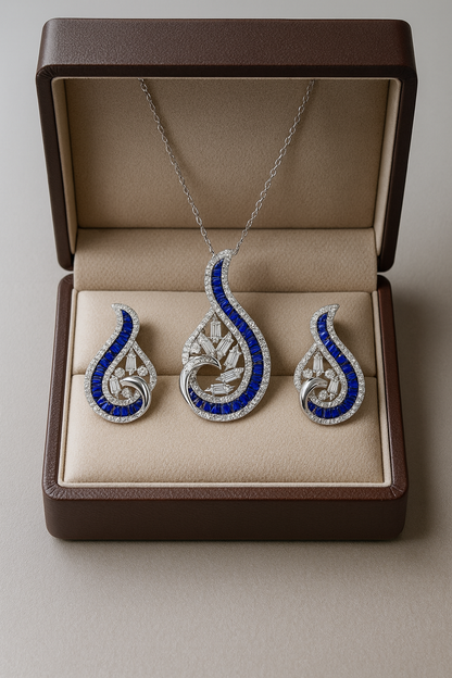 Precious Sapphire And Diamond Silver Pendant Set