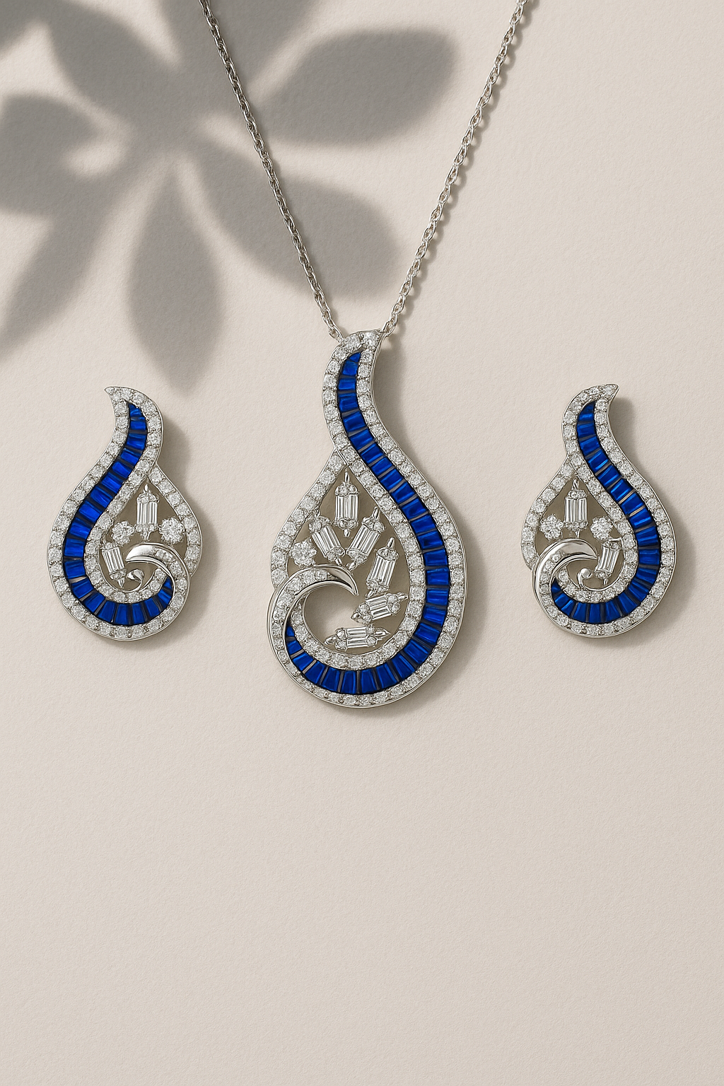 Precious Sapphire And Diamond Silver Pendant Set