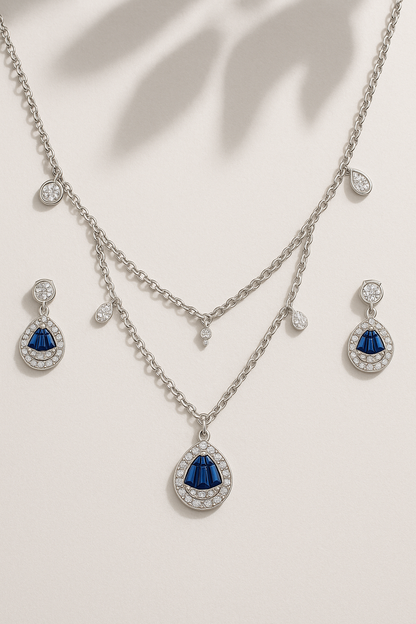 Modern Sapphire Silver Pendant Set