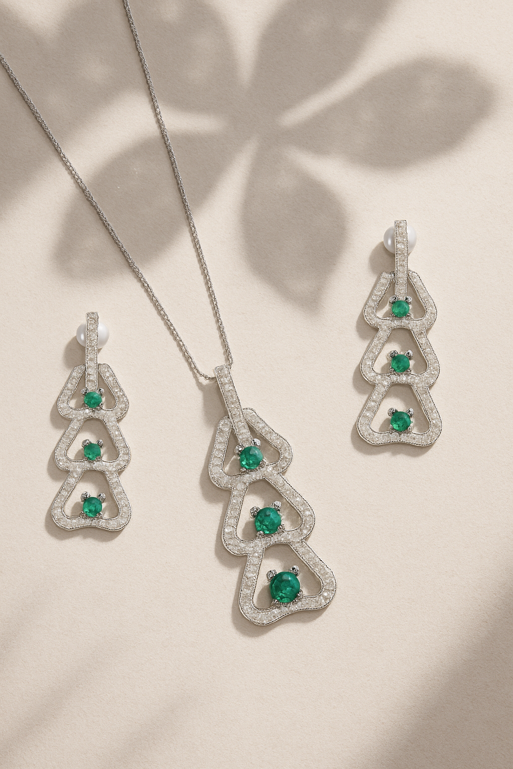 Mystic Emerald And Diamond Silver Pendant Set