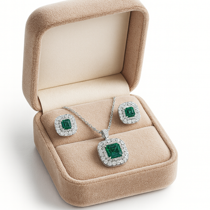 Forever Emerald And Diamond Silver Pendant Set