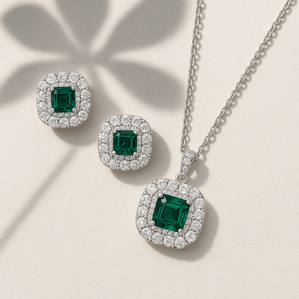 Forever Emerald And Diamond Silver Pendant Set