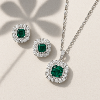 Forever Emerald And Diamond Silver Pendant Set