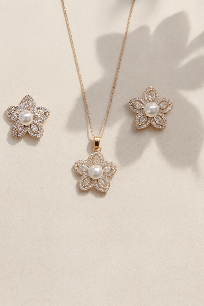 Star Pearl And Diamond Rose Gold Silver Pendant Set