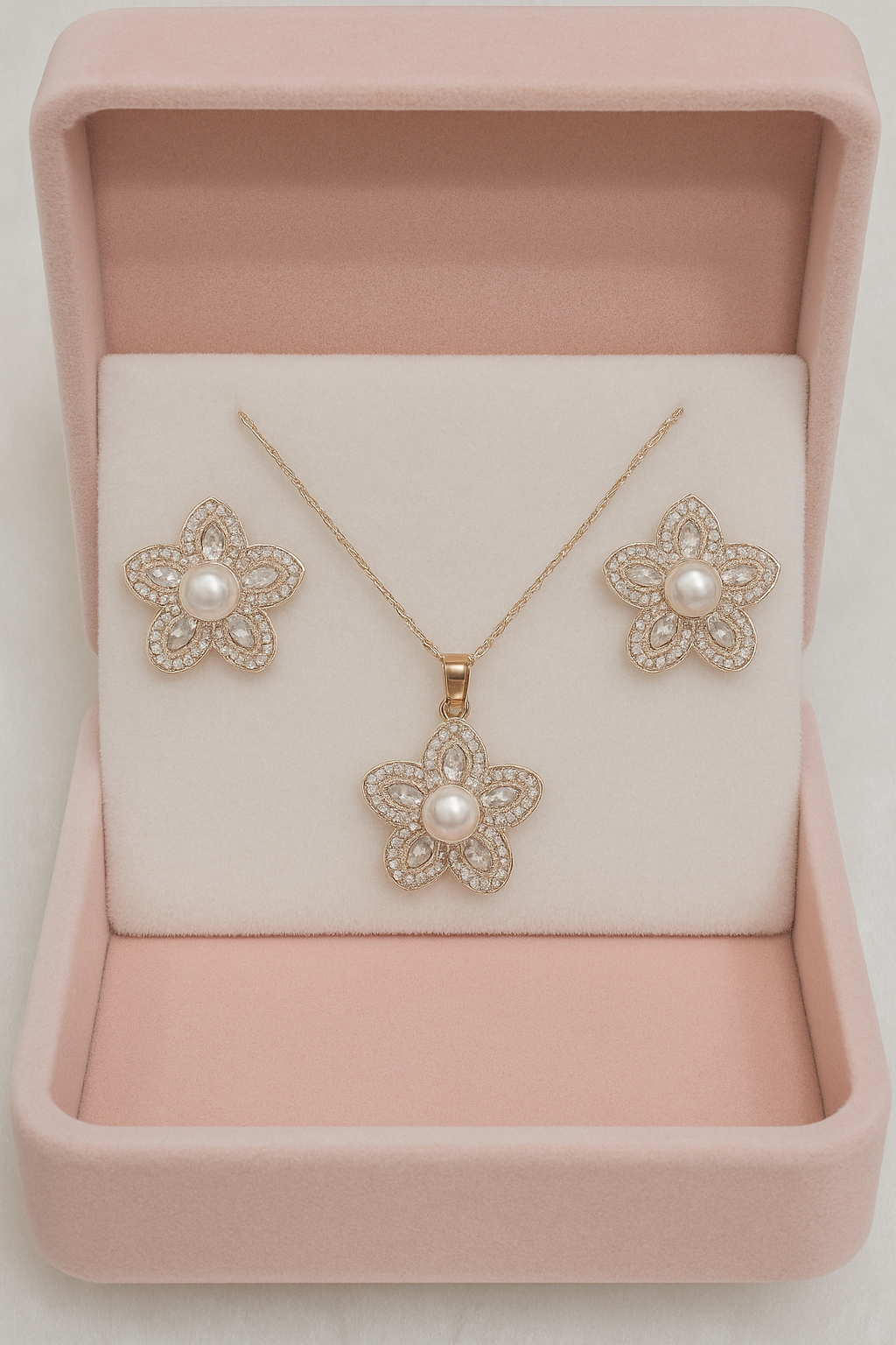 Star Pearl And Diamond Rose Gold Silver Pendant Set