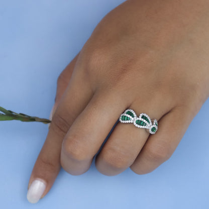 Stylish Emerald And Diamond Leaf Silver Ring