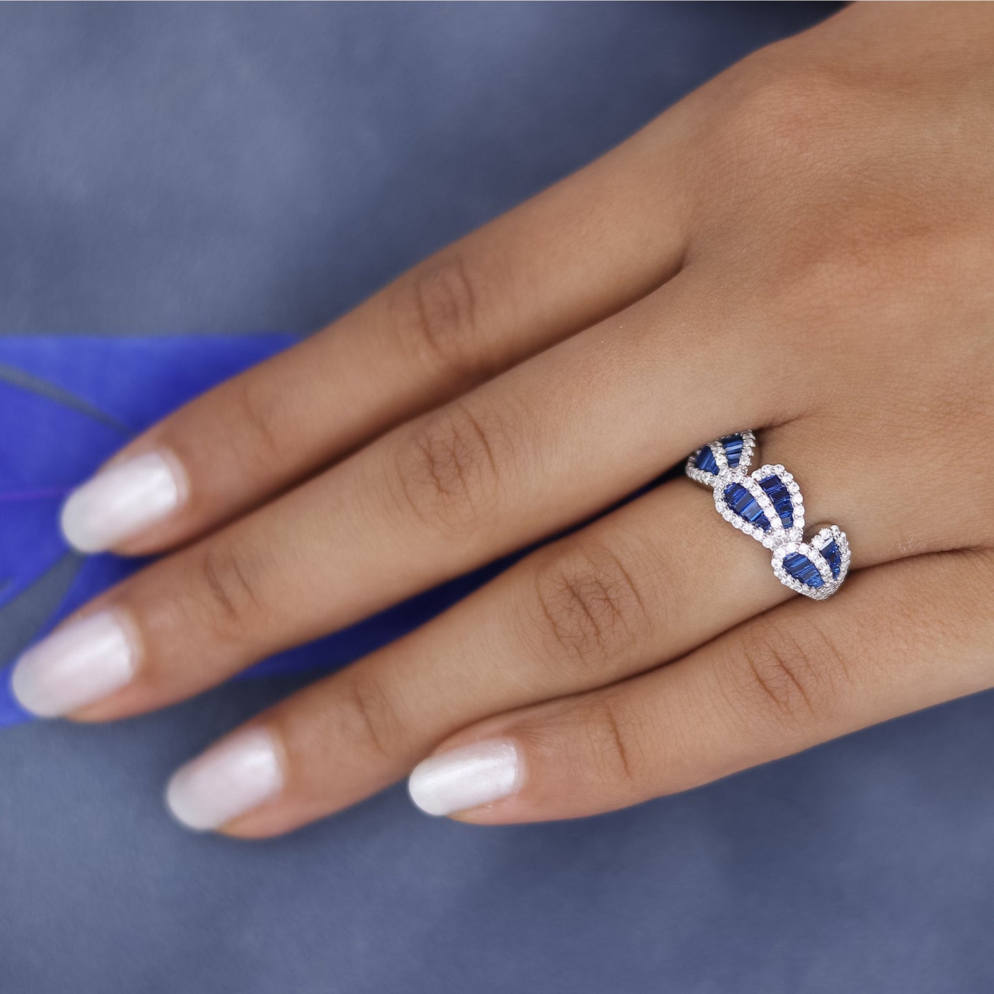 Stylish Sapphire And Diamond Leaf Silver Ring