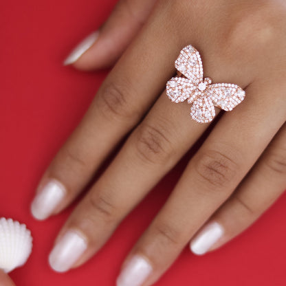 Silver Butterfly Diamond Ring In Rose Gold Finish