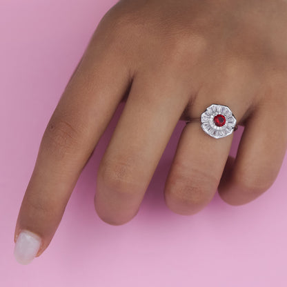 Ruby Floral Charm Silver Ring
