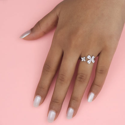 Silver Two Flowers Diamond Ring
