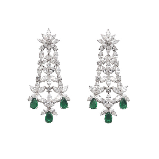 Royal Emerald Cocktail Diamond Silver Earrings