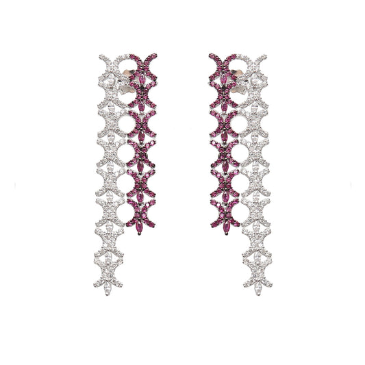 Elegance Ruby Diamond Fall Silver Earrings