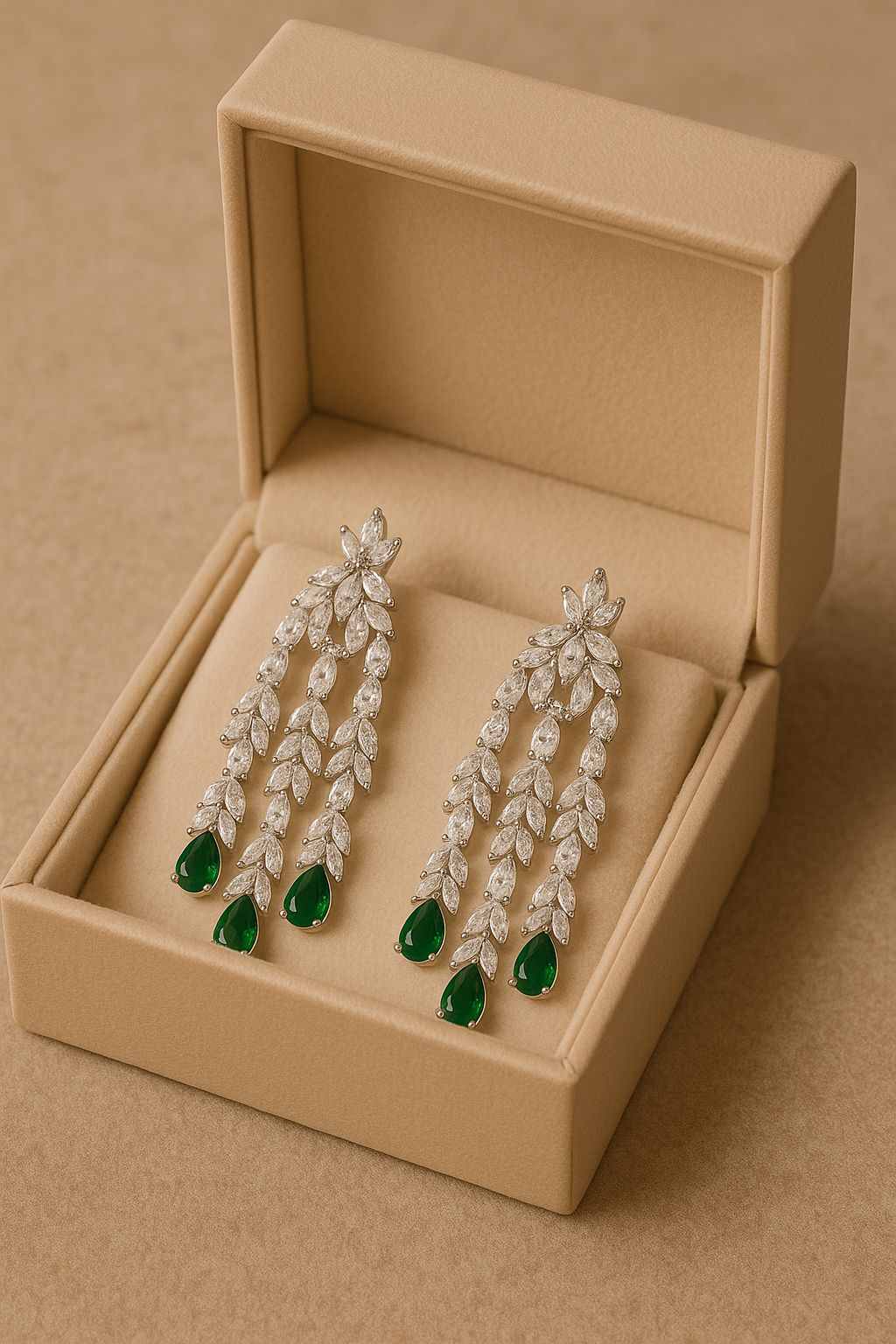 Statement Emerald Cocktail Diamond Silver Earrings