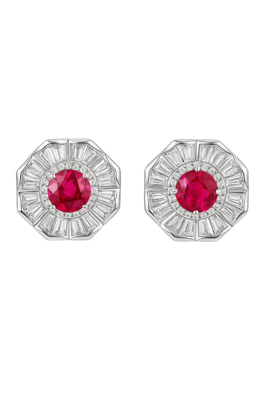 SLEEK RUBY AND DIAMOND STUDS SILVER EARRINGS