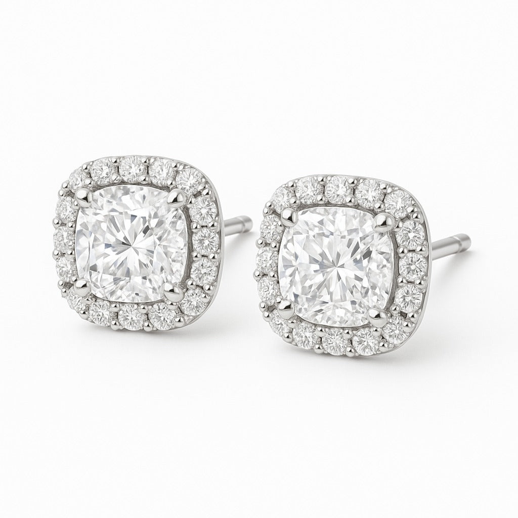 Cushion Diamond Studs Silver Earrings