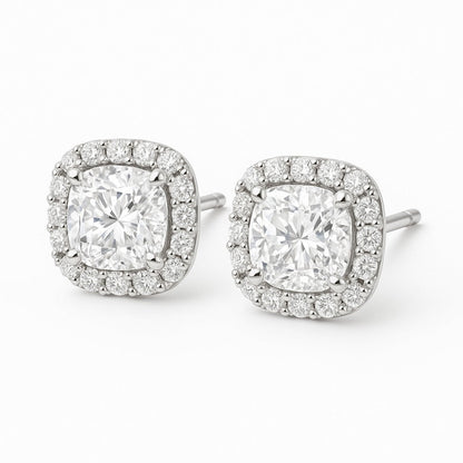 Cushion Diamond Studs Silver Earrings