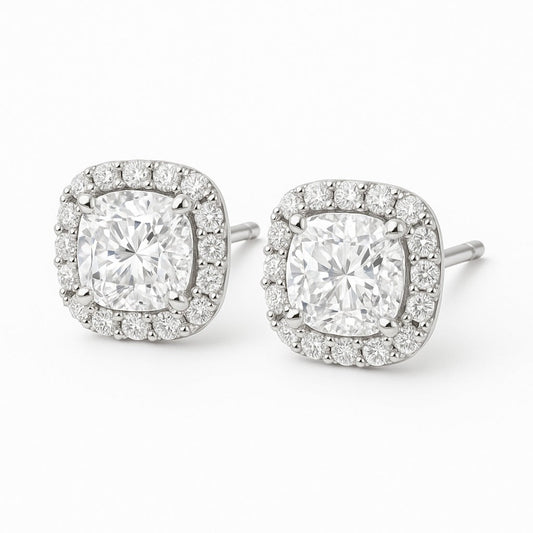 CUSHION DIAMOND STUDS SILVER EARRINGS