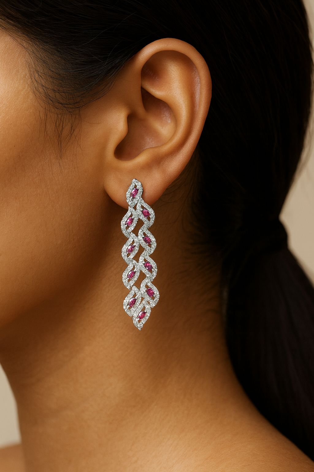 CROWN RUBY AND DIAMOND SILVER EARRINGS