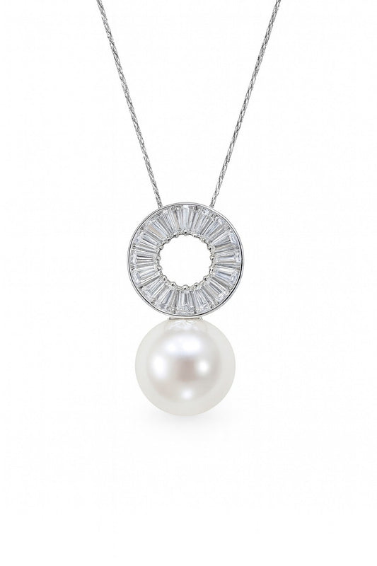 Baguette And Pearl Silver Pendant