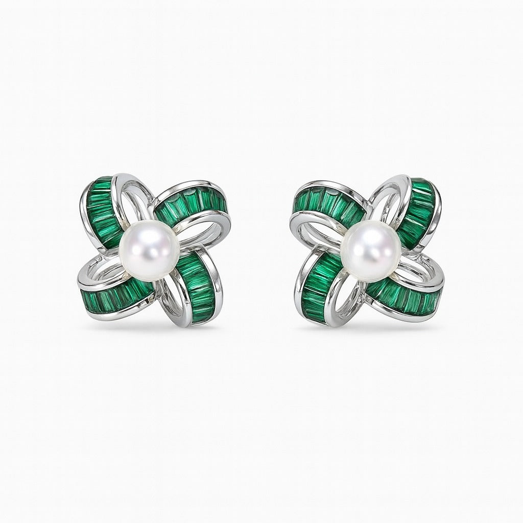 Pure Emerald And Pearl Studs Silver Earrings