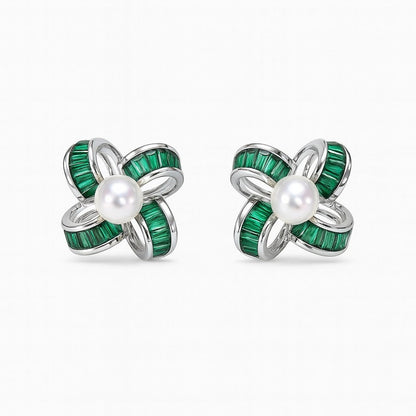 Pure Emerald And Pearl Studs Silver Earrings