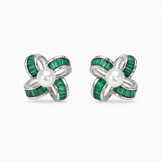 PURE EMERALD AND PEARL STUDS SILVER EARRINGS