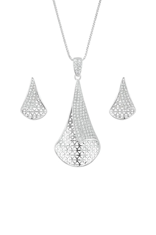 Modern Twisted Diamond Earrings And Pendant Set