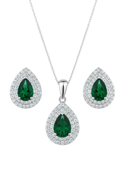 Serene Diamond And Emerald Silver Pendant Set