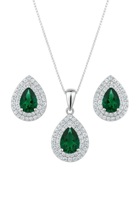 Serene Diamond And Emerald Silver Pendant Set