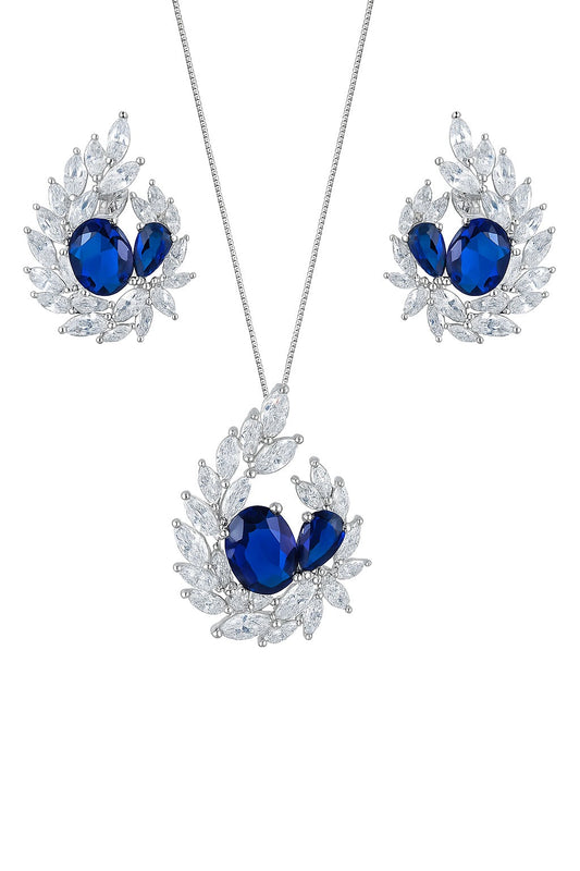 Stylish Sapphire And Crystal Silver Pendant Set
