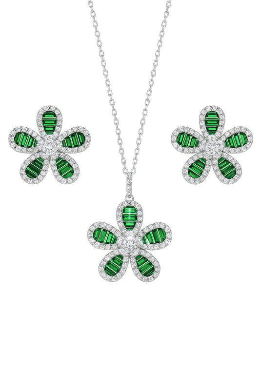 Emerald Flower Silver Pendant Set