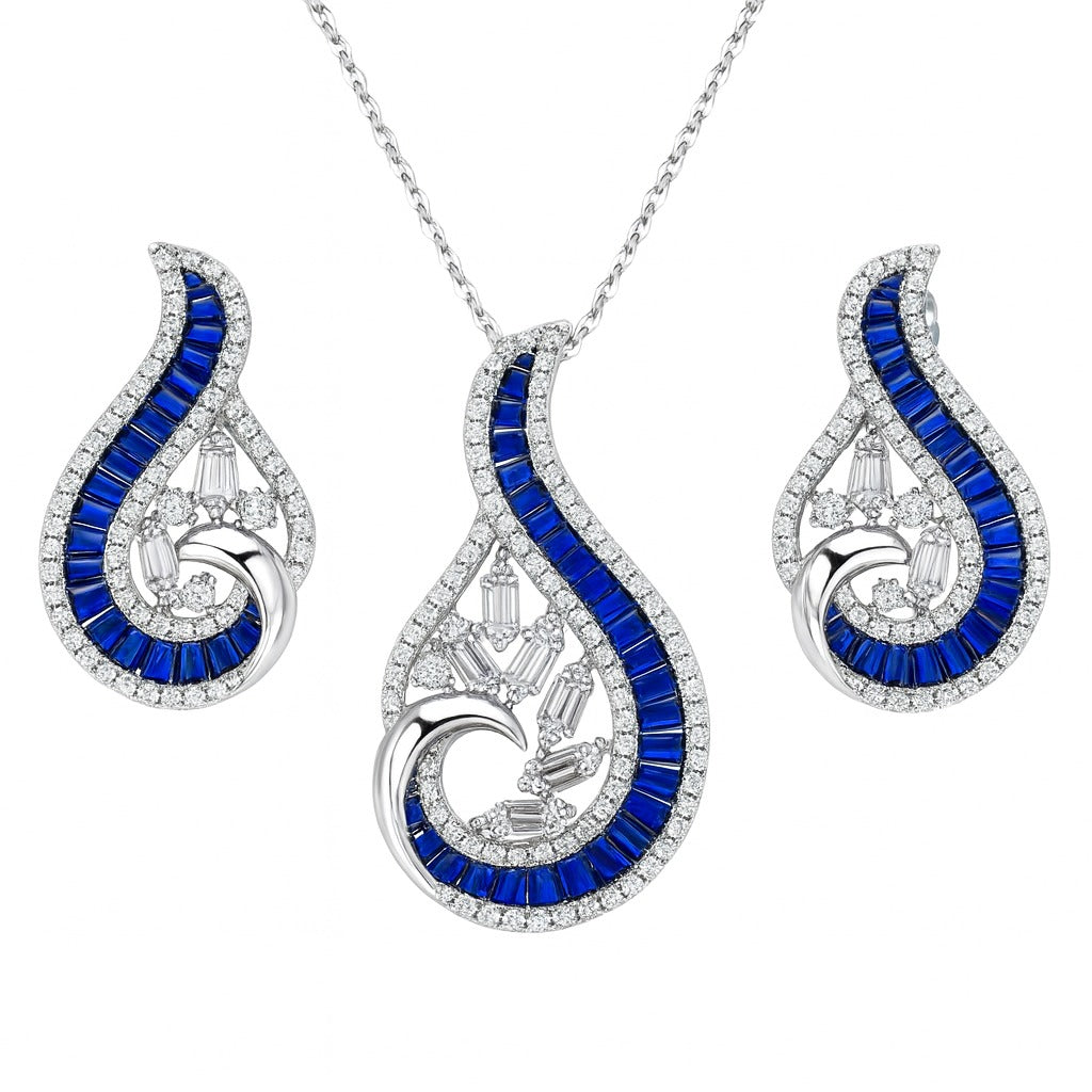 Precious Sapphire And Diamond Silver Pendant Set