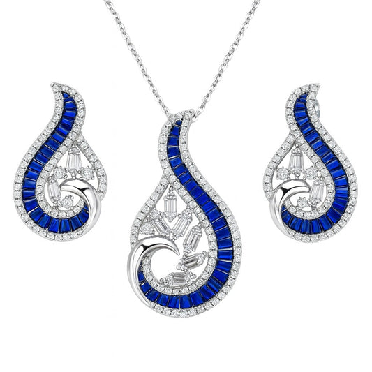 Precious Sapphire And Diamond Silver Pendant Set