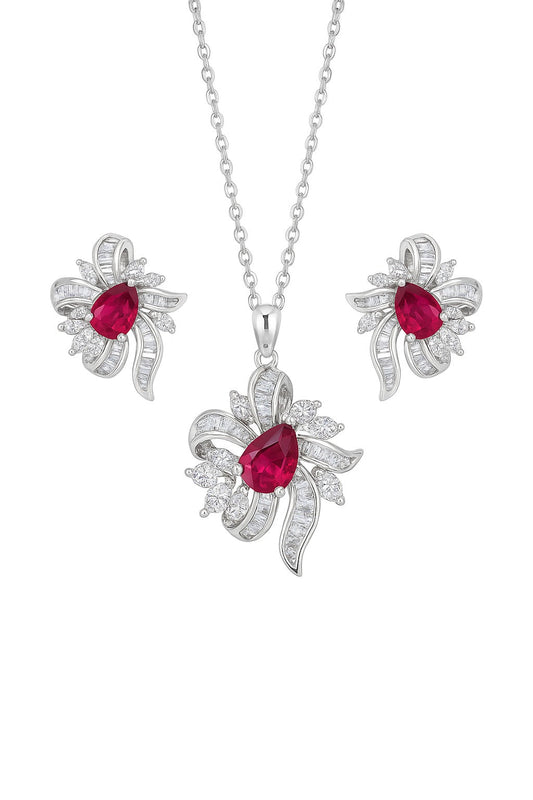 Festive Ruby And Diamond Silver Pendant Set