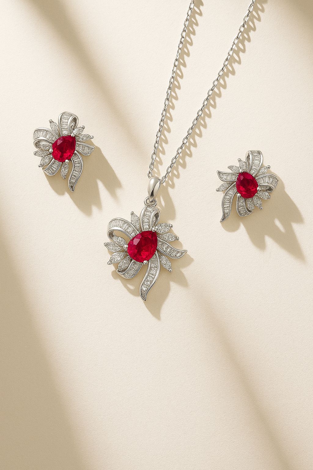Festive Ruby And Diamond Silver Pendant Set