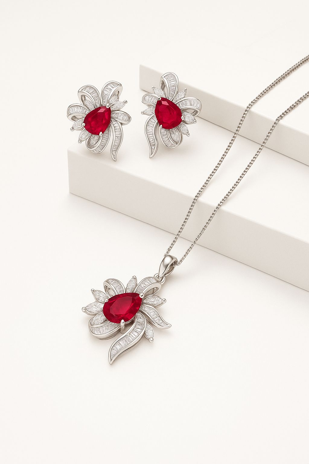 Festive Ruby And Diamond Silver Pendant Set