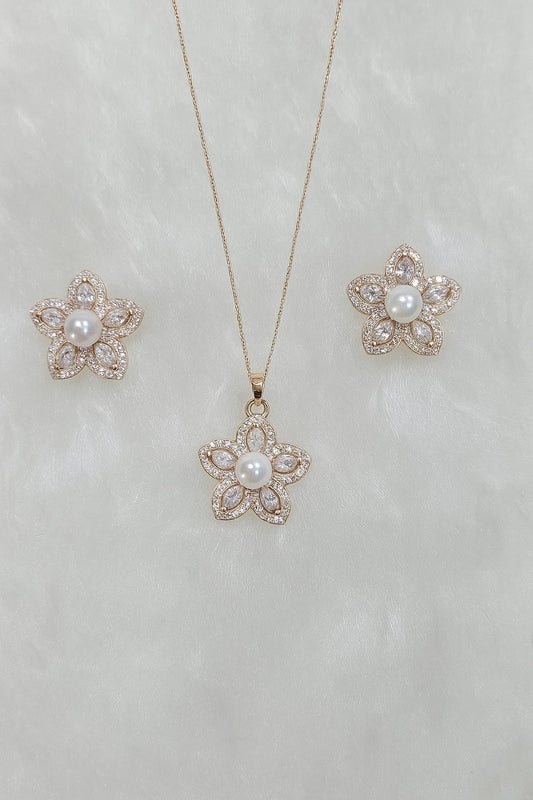 Star Pearl And Diamond Rose Gold Silver Pendant Set