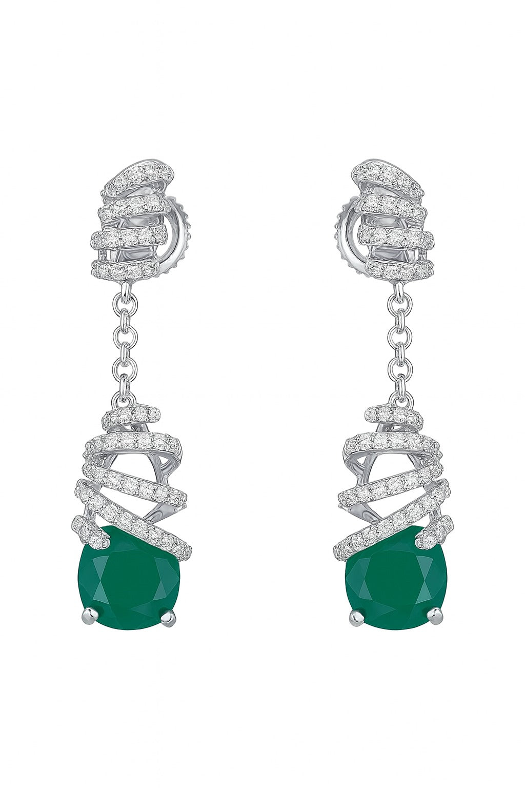 DELICATE SPARK EMERALD AND DIAMOND SILVER EARRINGS