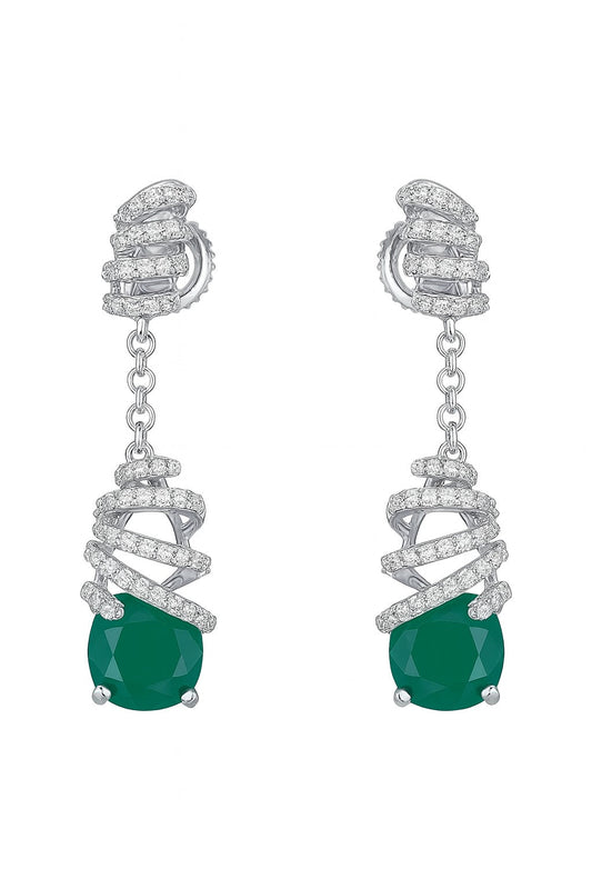 DELICATE SPARK EMERALD AND DIAMOND SILVER EARRINGS