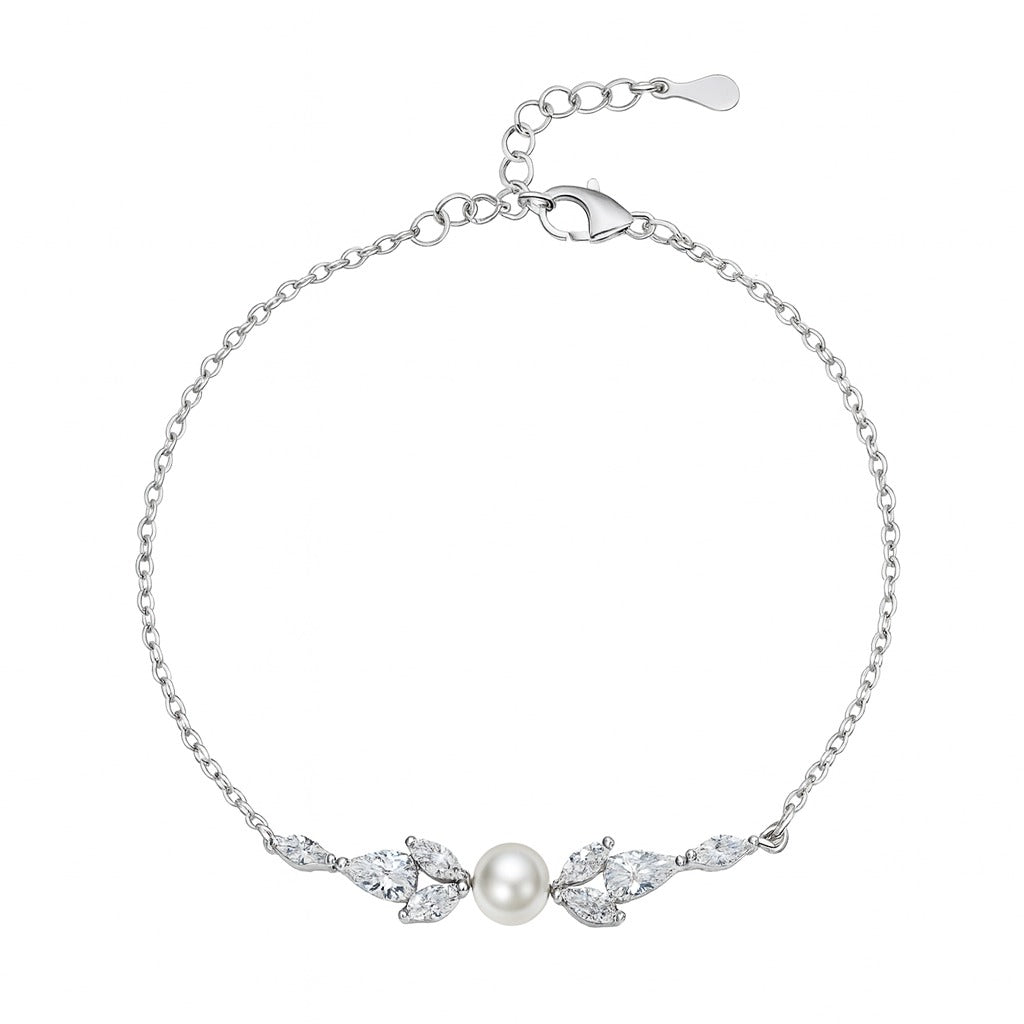 Cute Pearl And Diamond Silver Bracelet