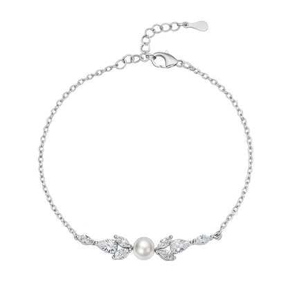 Cute Pearl And Diamond Silver Bracelet