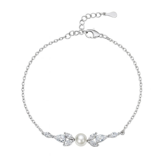 Cute Pearl And Diamond Silver Bracelet