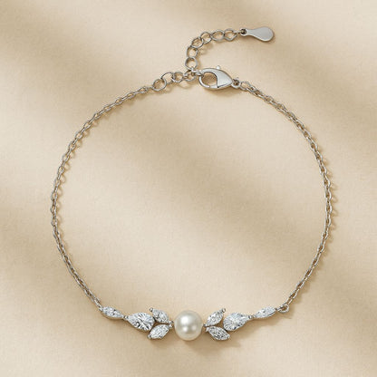 Cute Pearl And Diamond Silver Bracelet