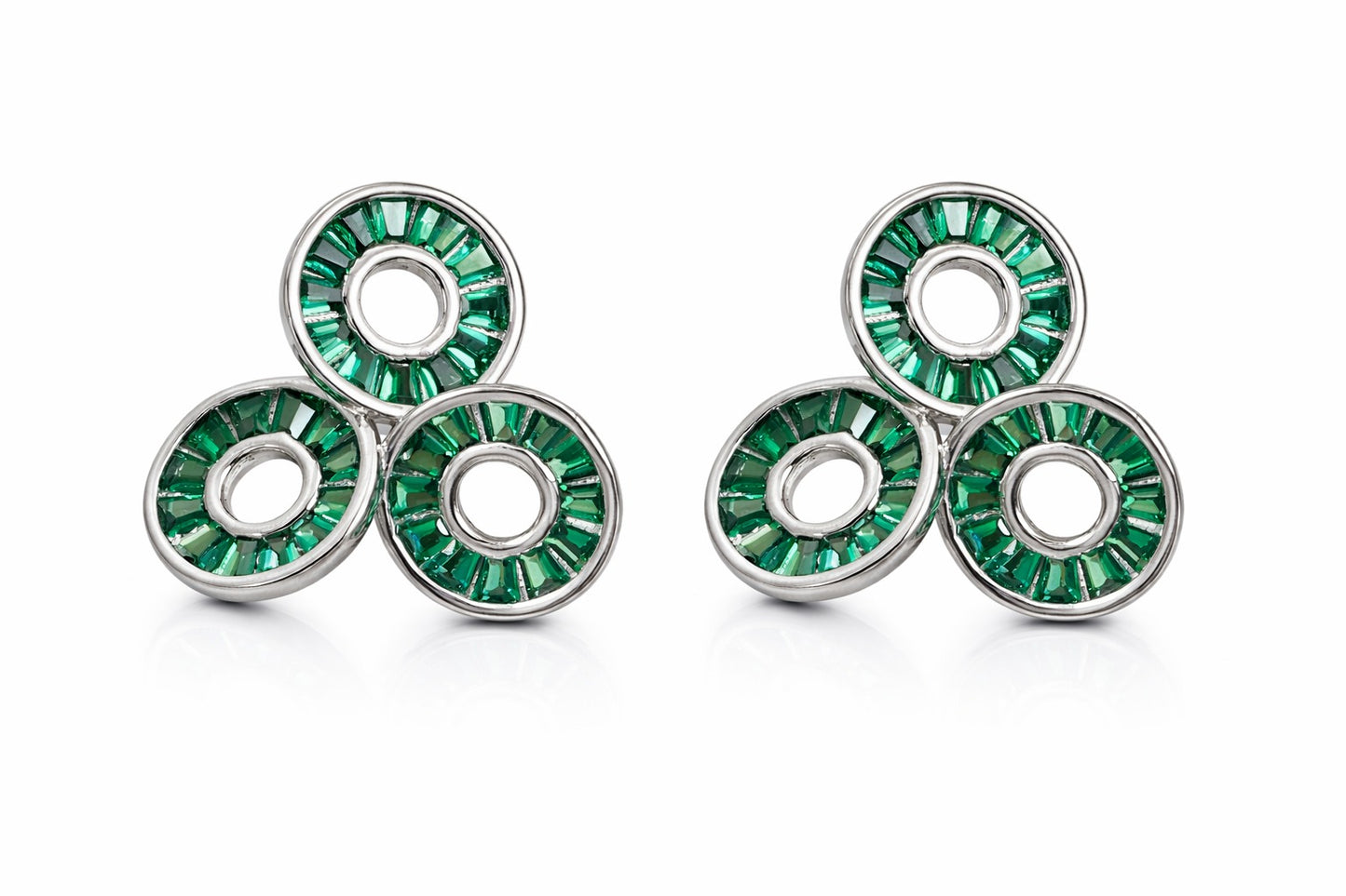 Modern Emerald And Diamond Silver Studs