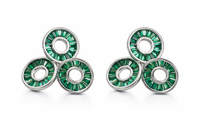 Modern Emerald And Diamond Silver Studs